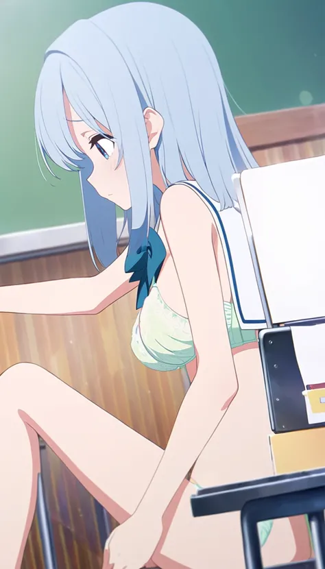 One Naked Girl、In the classroom、Sitting in a chair、Light blue hair、blue eyes、Feeling embarrassed、Standard bust size、profile、Looking down、Sailor suit、Wearing a green bra、Wearing green panties、Daytime view