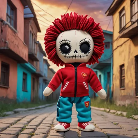 (knitted toy voodoo doll:1.2), Voodoo on the street, Clothes tracksuit adidas, in the background panel houses of the ussr, atmosphere of the ussr, best quality, masterpiece, soft oil painting, detailed background, dramatic cinematic lighting, soft edge lig...