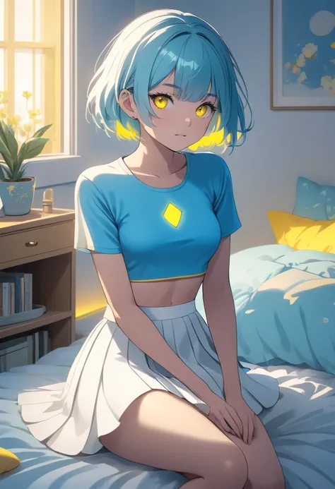 a young girl with short cyan hair and yellow glowing eyes, is wearing a blue crop top and a white skirt. she is sitting on her bed in a cozy and neatly decorated bedroom. ((high quality 2.0)) ((High Resolution 1.3))