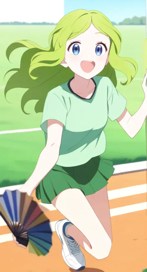 young woman , happy, long green wavy hair, Blue eyes, light green shirt, short dark green skirt, White running shoes, with a fan