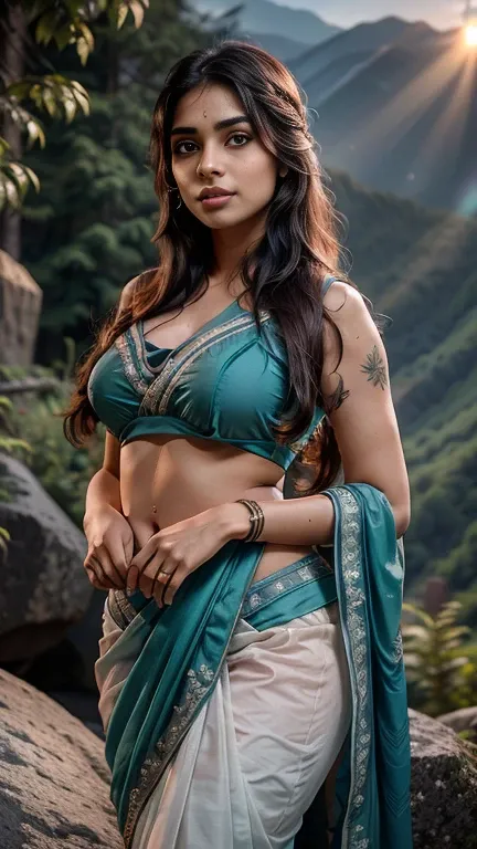 30 year old indian woman, wearing teal white mixed saree, long braid hair, mountain forest, ultra realistic, realism, cute, char...