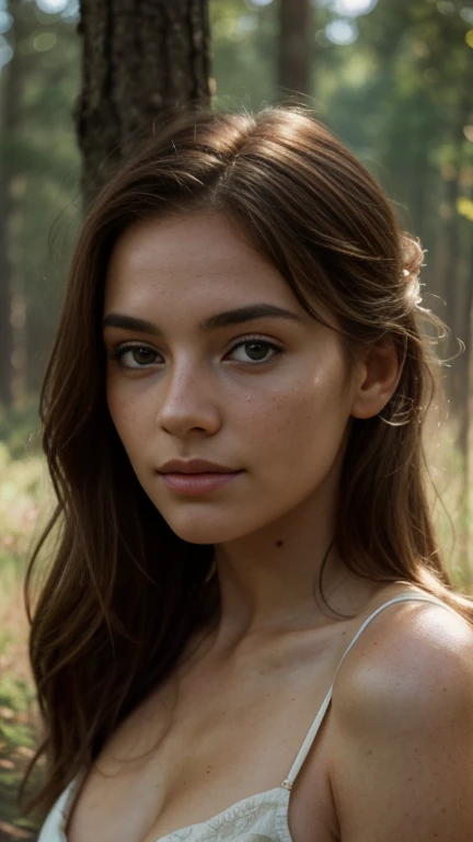 a beautiful woman with natural imperfections, soft skin, freckles, beauty marks, tousled hair, wandering gaze, natural light, natural environment, serene, calming, nostalgic, warm tones, cinematic, masterpiece, highly detailed, photorealistic, 8k