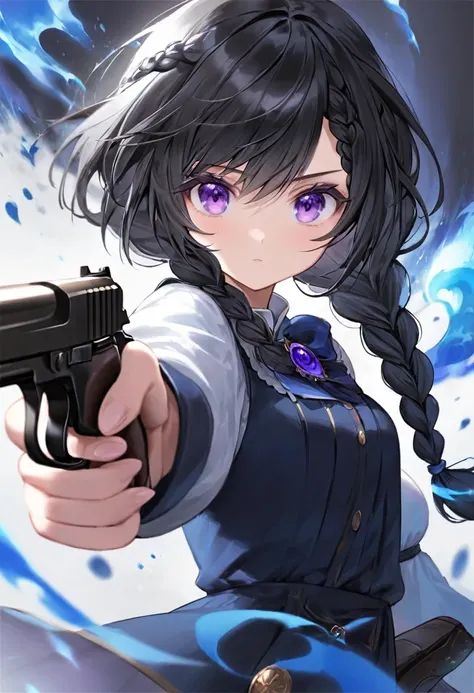 Girl, black hair, Braid, Purple eyes mixed with blue, fantasy, dark, gun