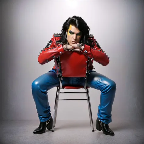 A male heavy metal glam rock singer in colorful leather clothing with rivets and rhinestones is sitting backwards on a chair before the camera.