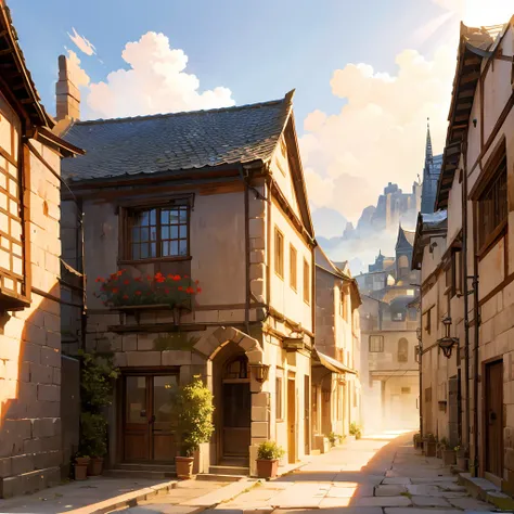 a sprawling ancient village, small houses along winding cobblestone streets, a playable character standing in the center, realistic shadows and lighting, god rays, 4k, detailed environment, fantasy landscape, medieval architecture, highly detailed, photore...