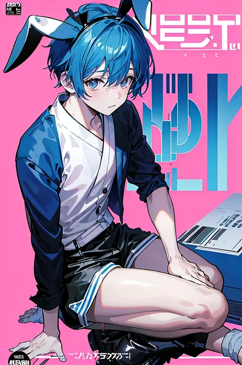 masterpiece, best quality, full body, (1boy), blue hair, rabbit ears, playboy bunny, (Boy Messy Japanese Round Haircut for Thick Hair), (blue hair), black shorts, ((solo)), (magazine:1.3), (cover-style:1.3), fashionable, (Pink Background), bright colors