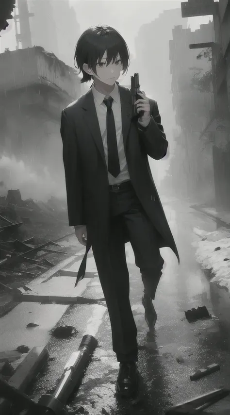 Highest quality, movie quality, scene on the verge of death, ruins, smoking, blood, coat, man (35 years old, tsuntsun head, black hair, coat in a suit, holding a gun in hand, lying on back), rain, fog