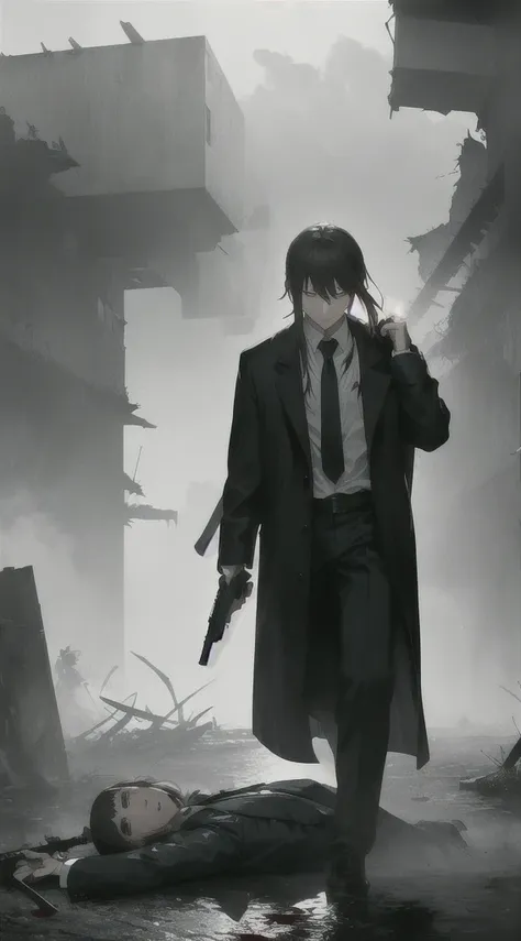 Highest quality, movie quality, scene on the verge of death, ruins, smoking, blood, coat, man (35 years old, tsuntsun head, black hair, coat in a suit, holding a gun in hand, lying on back), rain, fog