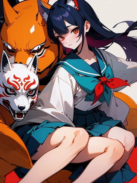 Two girls. One is wearing a Japanese-style fox mask. The other is wearing a Japanese-style demon mask. One is wearing a sailor uniform. A slightly horror-like illustration. A teasing composition. Illustration from the knees up.