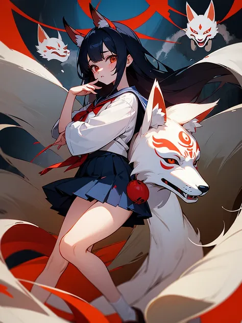 Two girls. One is wearing a Japanese-style fox mask. The other is wearing a Japanese-style demon mask. One is wearing a sailor uniform. A slightly horror-like illustration. A teasing composition. Illustration from the knees up.