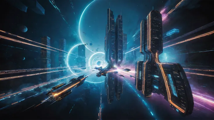 brightly colored abstract image of a space station with a spiral, epic beautiful space scifi, chaotic cinematic space rift, greg beeple, (((((flying cars, 1drone))))), planets colliding, beeple and tim hildebrandt, beeple and jean giraud, end of the univer...