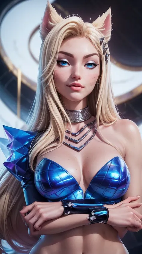 ((best quality)), ((Meisterwerk)), ((K/DA All out ahri), (League of legends), ((stehend)), erotischer Pose, (blue eyes), ((naked)), ((upper body)), Unreal Engine, realistisch, pretty, sexy, young girl, ((blonde Hair)), Halsband, big , professionelles Make-...