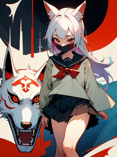 Two girls. One is wearing a Japanese-style fox mask. The other is wearing a Japanese-style demon mask. One is wearing a sailor uniform. A slightly horror-like illustration. A teasing composition. Illustration from the knees up.