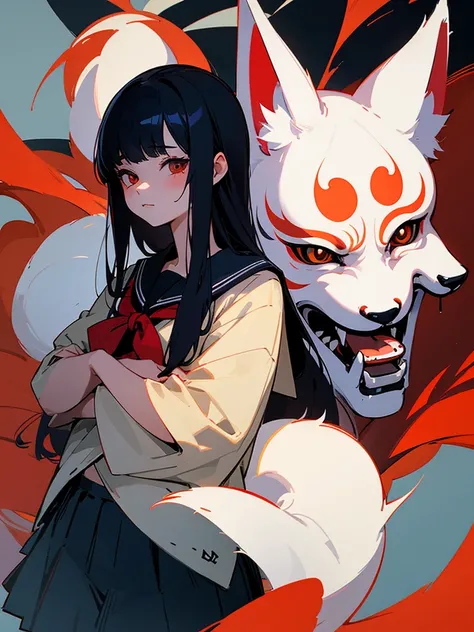 Two girls. One is wearing a Japanese-style fox mask. The other is wearing a Japanese-style demon mask. One is wearing a sailor uniform. A slightly horror-like illustration. A teasing composition. Illustration from the knees up.