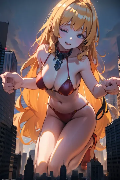  Giant Girl 50,000 feet high，Have a pair of long legs，Have a pair of huge breasts，Wearing a red bikini，Waist length blonde hair，Loose hair，Wear a pair of Mary Janes，Blonde curly hair，full of enjoyment，kneel down in a crowded city, vandalism，It seems to be ...