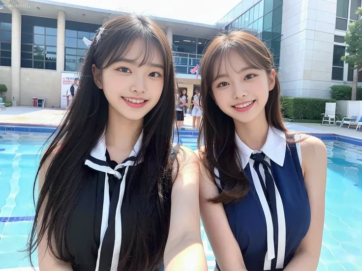 (two super cute korean high school girls take a photo together 1.2)(to laugh out loud:1.2)(beautiful sweat:1.1)(16k, raw photos,...