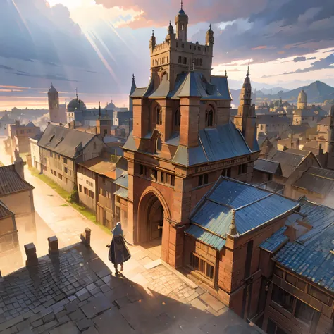 a sprawling ancient village, small houses along winding cobblestone streets, a playable character standing in the center, realistic shadows and lighting, god rays, 4k, detailed environment, fantasy landscape, medieval architecture, highly detailed, photore...