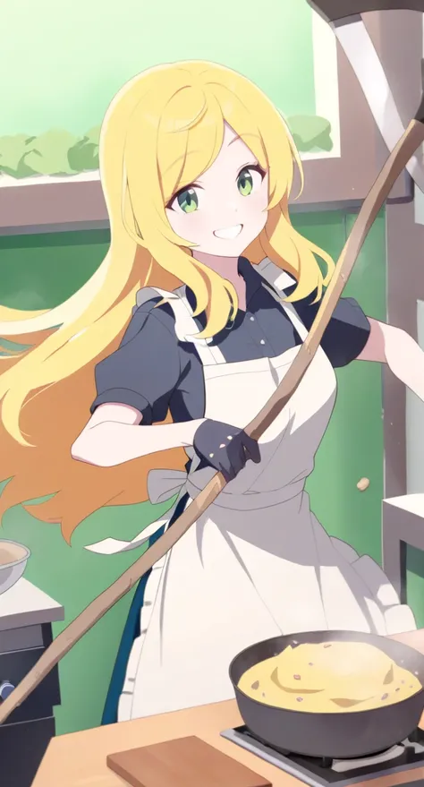 young woman, long yellow hair, collected in a scythe, green eyes, white apron, Cooking in the kitchen, smiling