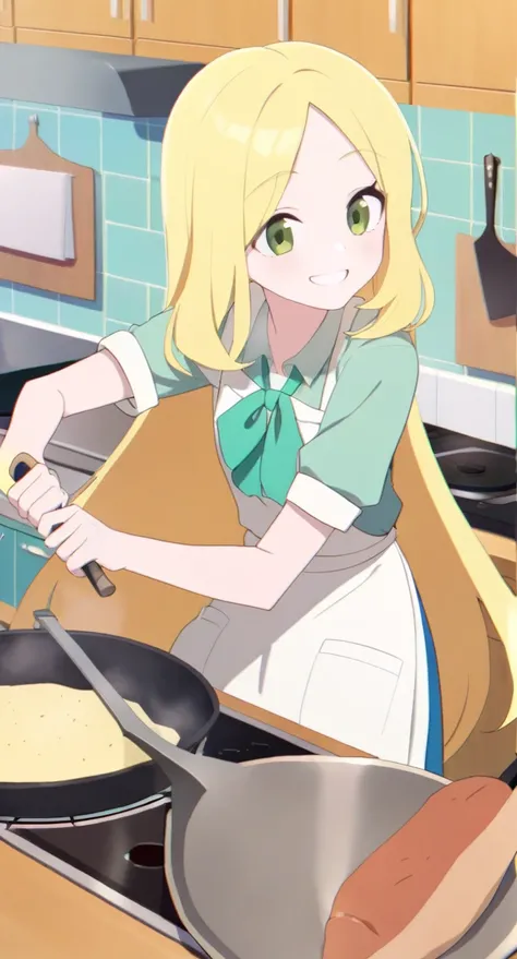 young woman, long yellow hair, collected in a scythe, green eyes, white apron, Cooking in the kitchen, smiling