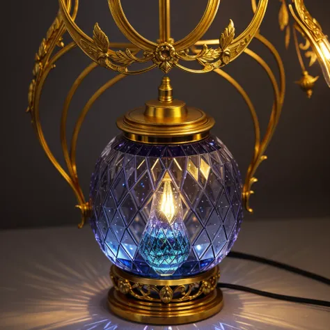 This lamp is made of transparent crystal material that has blue and purple sparkles, showing its magical properties. It resembles an antique lantern with intricate ornaments surrounding the body. Inside, there is a gently pulsating light, as if it has a li...