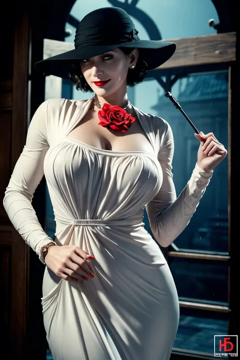 resident evil 8,madame dumitrescu,short hair,pure white skin,golden eyes,tall,white long dress,black hat, black rose brooch,phot...