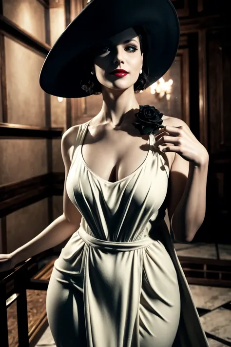 resident evil 8,madame dumitrescu,short hair,pure white skin,golden eyes,tall,white long dress,black hat, black rose brooch,phot...