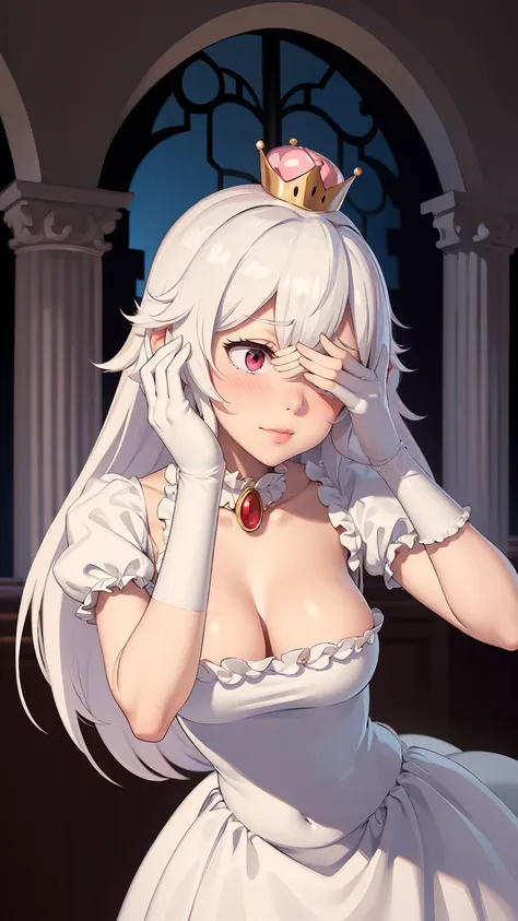 ((masterpiece)), ((best quality)), (detailed), perfect, solo, boosette, gorgeous girl, luscious lips, white hair, (((very shy))), (((blushing))), (((hands on face))), in a haunted mansion,