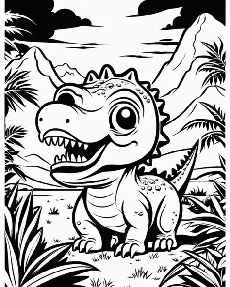 coloring page, cute dinosaur, cartoon style, thick lines, line art, white and black, against a white background, beautiful, awes...