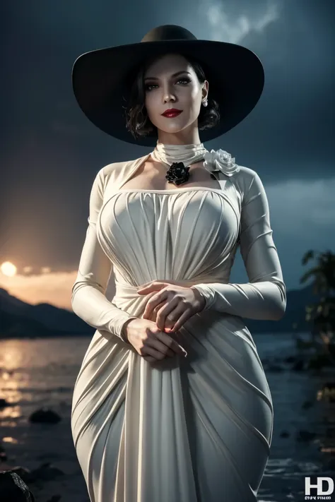 resident evil 8,madame dumitrescu,short hair,pure white skin,golden eyes,tall,white long dress,black hat, black rose brooch,phot...