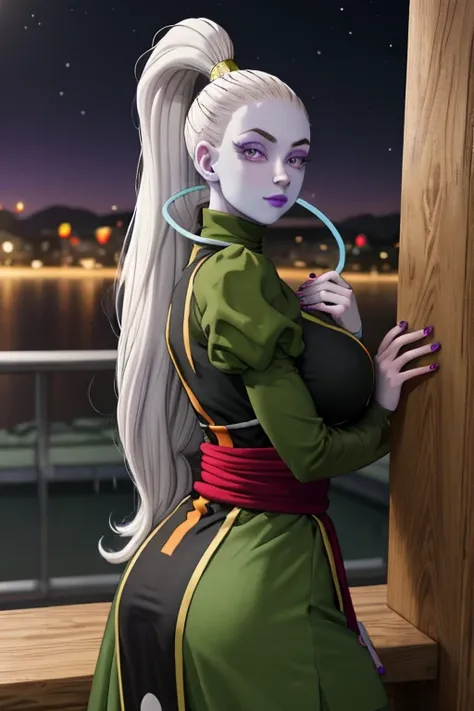 Dress_DragonBallSuper_Vados_ownwaifu, 
1girl, blue skin, white hair, hair pulled back, high ponytail, purple eyes, colored skin, alien, long hair, very long hair, lipstick, makeup, purple lips, breasts, large breasts, large ass,eyelashes,  jewelry, purple ...