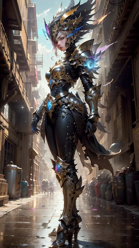 a woman adorned in fantasy-style full-body armor, a crown-concept fully enclosed helmet that unveils only her eyes, a composite ...