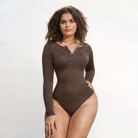 a full body american-style brunette models wearing long sleeve black swim summer beach that reveal their legs and have high-cut ...