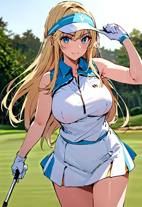 sound　high resolution　8k beauty　Woman playing golf　Golf course　Beautiful woman　Blonde　aggressive　Winning spirit　Namaiki　Golf Wear　mini skirt　smile　　looking at the camera　nice shot　No sleeve　Sun visor　long hair　Professional Golfer　30 years old　Middle age