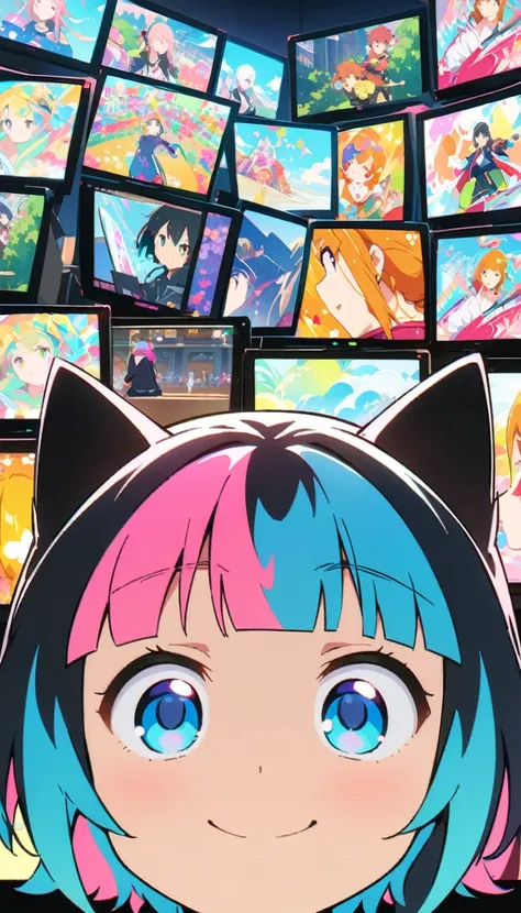 anime style, ultra-fine illustrations, highly detailed, dynamic angle, beautiful detailed, 8k, in front of many crt tvs, break v...