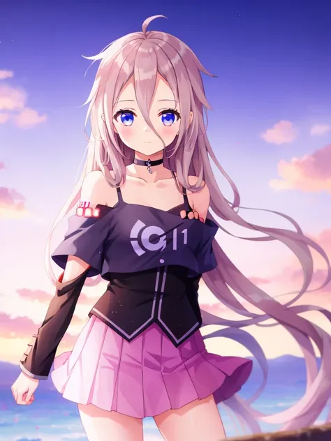 one girl, ia, vocaloid, skirt, black shirt, off shoulder, choker, beautiful, naive, upperbody, cute