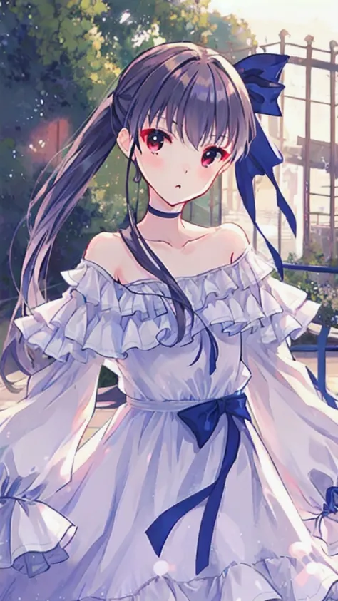 white dress、blue ribbon、adult women、、twin tails、red eyes、gal