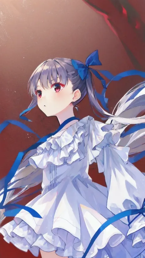 white dress、blue ribbon、adult women、、twin tails、red eyes、gal