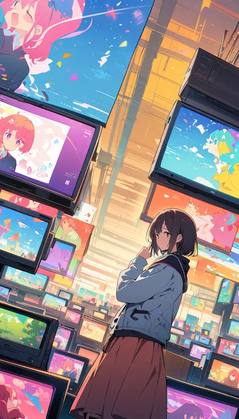 anime style, Ultra-fine illustrations, highly detailed, Dynamic Angle, beautiful detailed, 8k, In front of many CRT TVs, break various programs are being broadcasted. A woman stares at them, break smiling amidst the colorful scenes.(Highest quality、masterp...