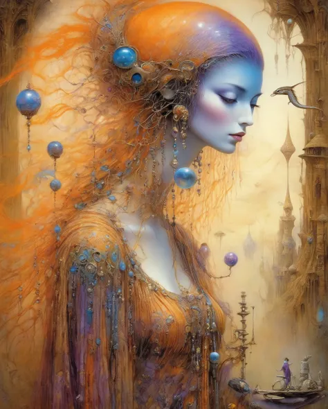 Gold. Weaver, A beautiful woman. Painting by Luis Royo. surrealism. Machinarium. Orange, blue & Purple. An old weaver turns a spindle. Buster Keaton. Sculpture of a colored man. Samorost and Gaudi. Remedios Varo. Modern style. Surrealism. Jewelry with opal...