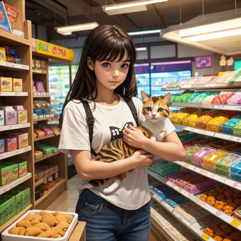 inside the pet shop、a girl holding a calico kitten