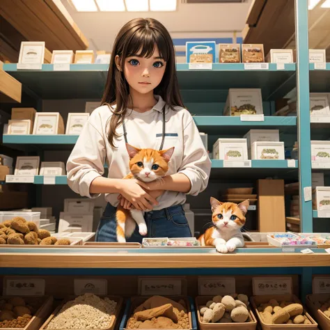 inside the pet shop、a girl holding a calico kitten