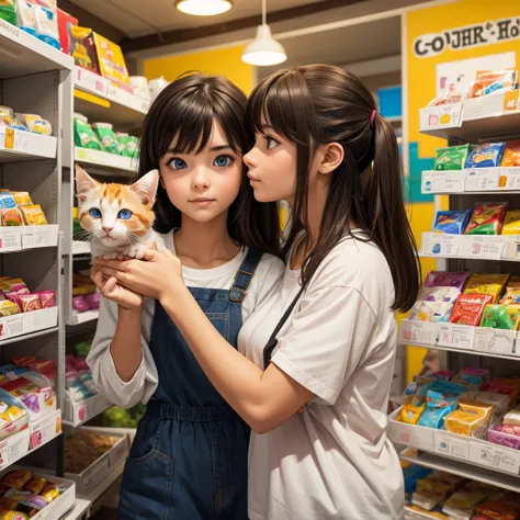 inside the pet shop、a girl holding a calico kitten