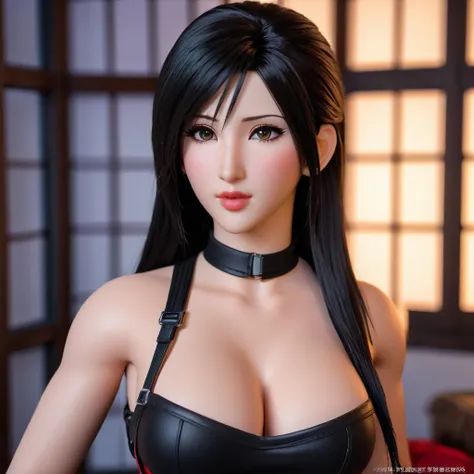 SILICONE TIFA DOLL, incredibly detailed and realistic silicone figure of Tifa Lockhart, flawless skin, realistic eyes and lips, beautiful facial features, intricate details on the body, expressive pose, dynamic composition, warm lighting, cinematic atmosph...