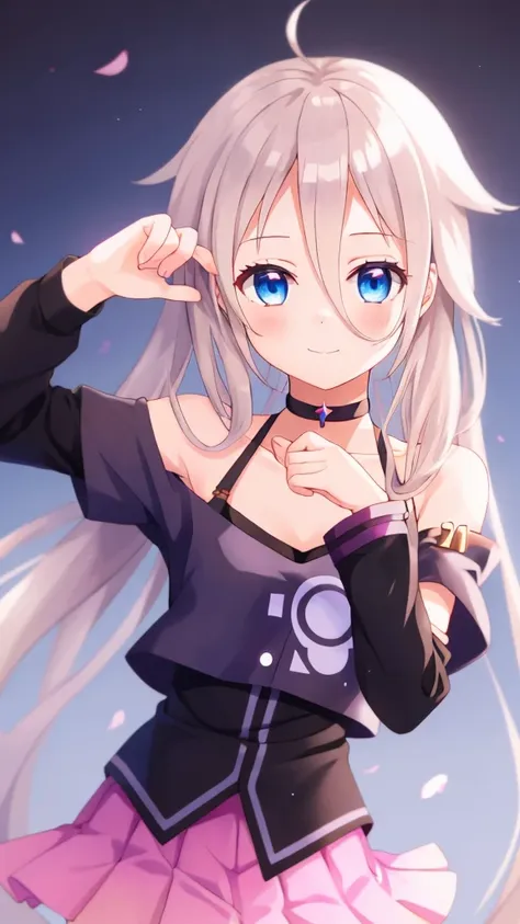 one girl, ia, vocaloid, skirt, black shirt, off shoulder, choker, beautiful, naive, upperbody, cute pose, happy