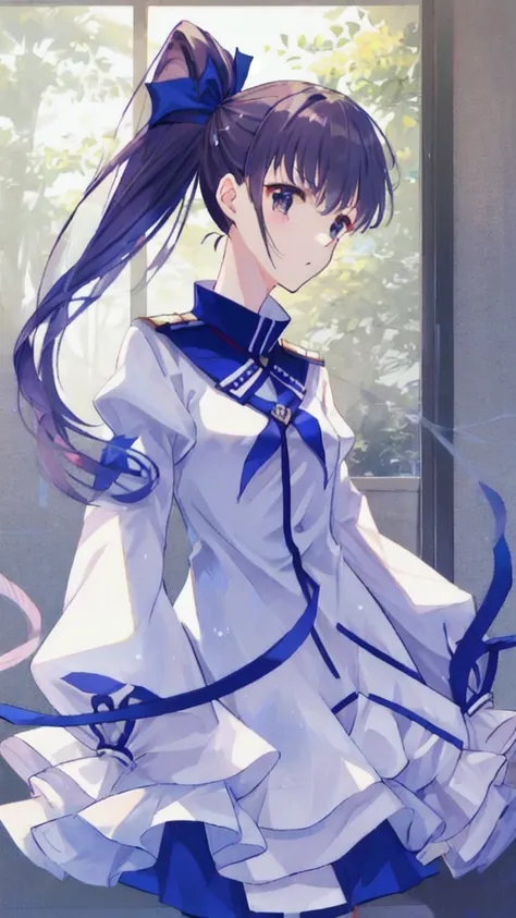 white uniform、blue ribbon、adult women、、ponytail