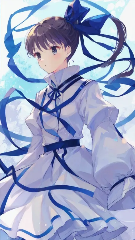 white uniform、blue ribbon、adult women、、ponytail