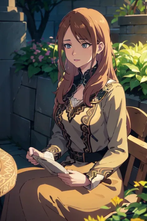 a beautiful young woman with long brown hair sitting in a garden, intricate detailed face, beautiful eyes, delicate lips, flowing dress, natural lighting, warm color palette, highly detailed, cinematic lighting, photorealistic, 8k, masterpiece