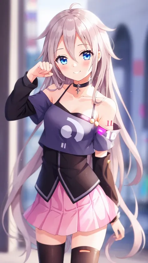 one girl, ia, vocaloid, skirt, black shirt, off shoulder, choker, beautiful, cowboy shot, cute pose, happy