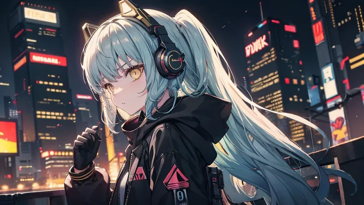 golden eyes、cyberpunk city、medium long hair、wearing cool headphones,{{{{{{{{ oversized black hoodie }}}}}}}},beautiful and delic...