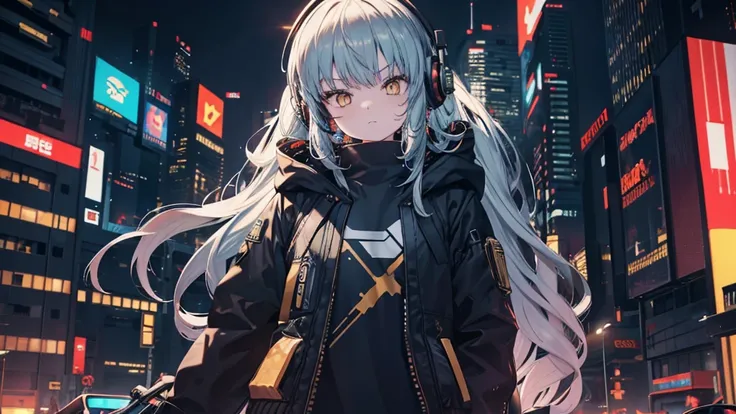 golden eyes、cyberpunk city、medium long hair、wearing cool headphones,{{{{{{{{ oversized black hoodie }}}}}}}},beautiful and delic...